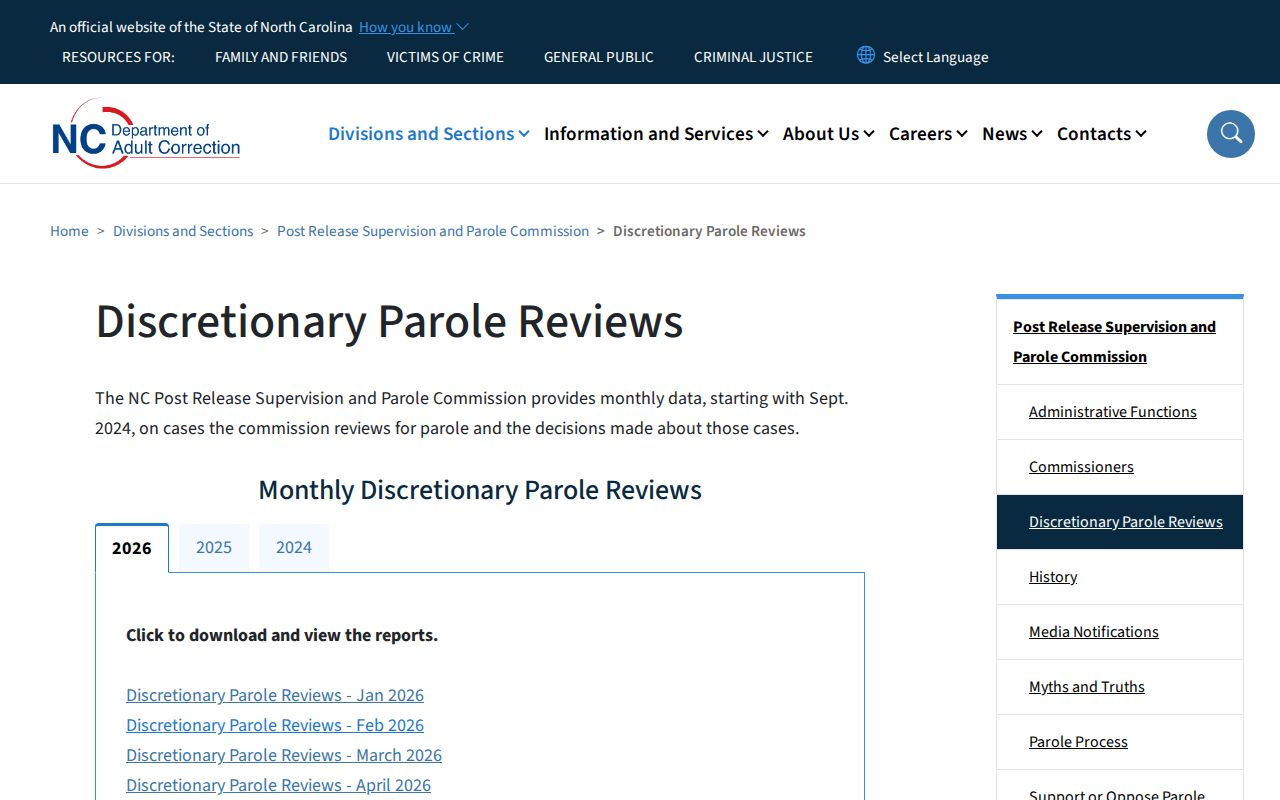 Person County parole release monthly review results