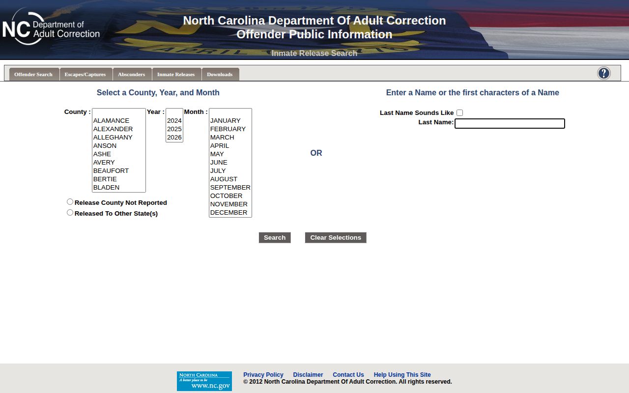 NCDAC Person County state prison release search form